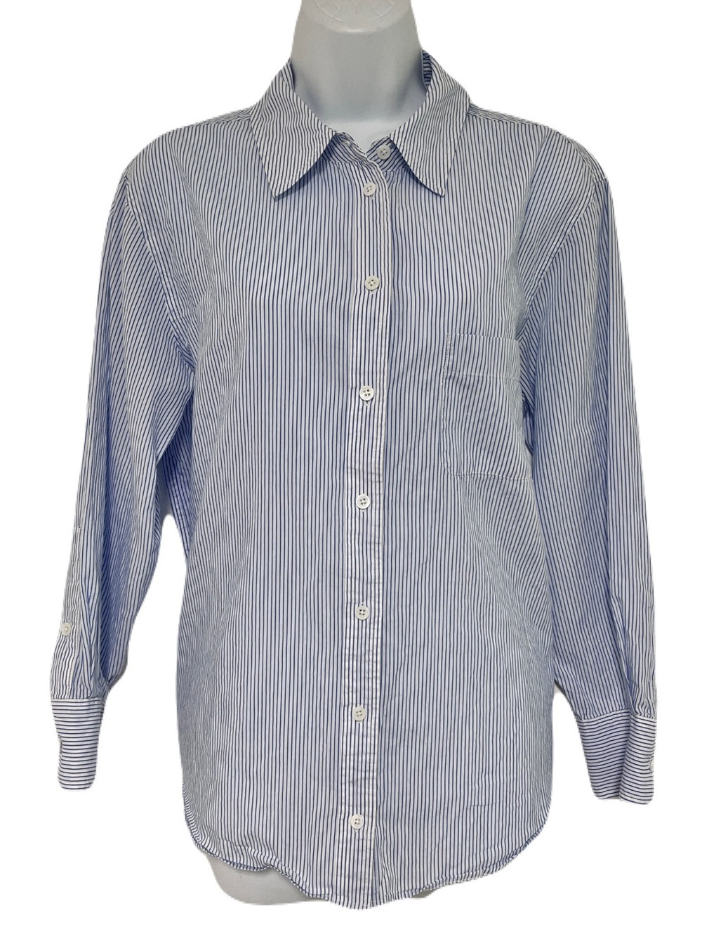 Equipment White & Blue Pinstripe 100% Cotton Long Sleeve Button Down Top, Size L
